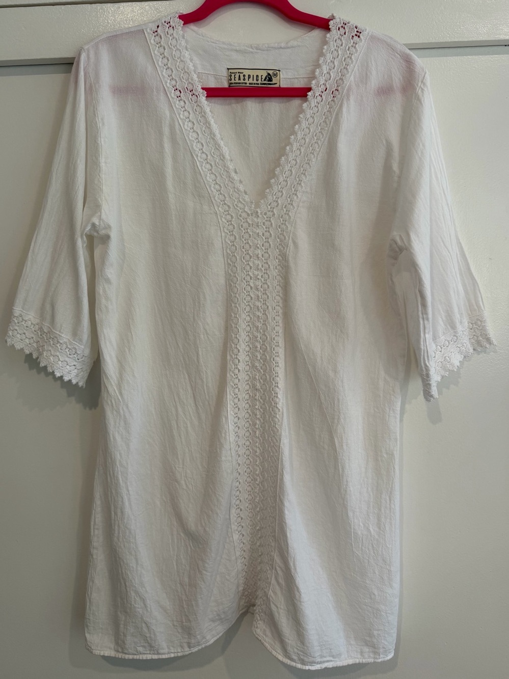 Sea Spice Women’s V-Neck Lace Trim 3/4 Sleeve Tunic Swim Cover M White